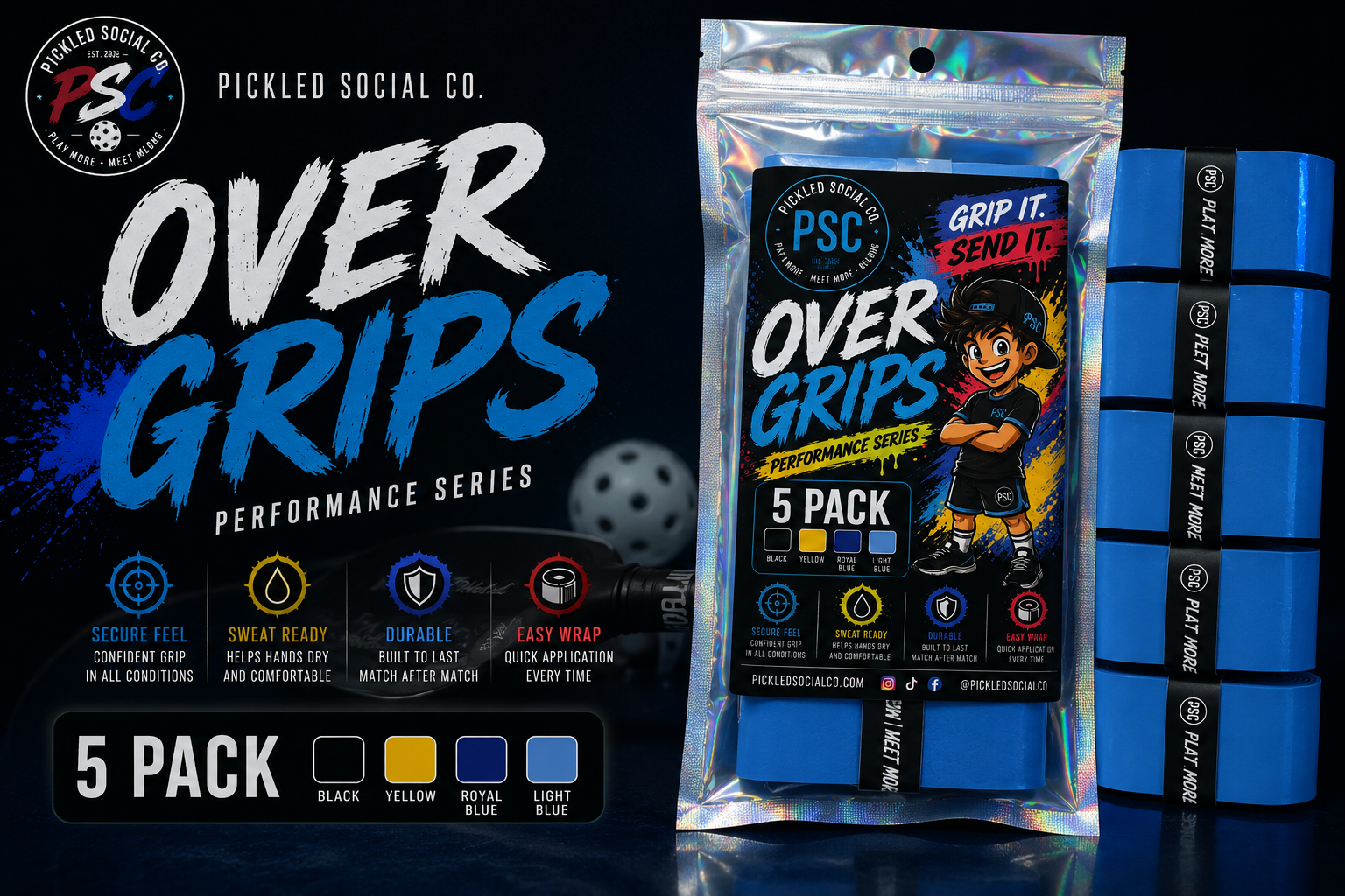 Pickleball Overgrips - Blue - 5 Pack