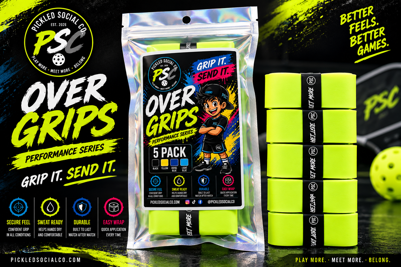 Pickleball Overgrips - Yellow - 5 Pack