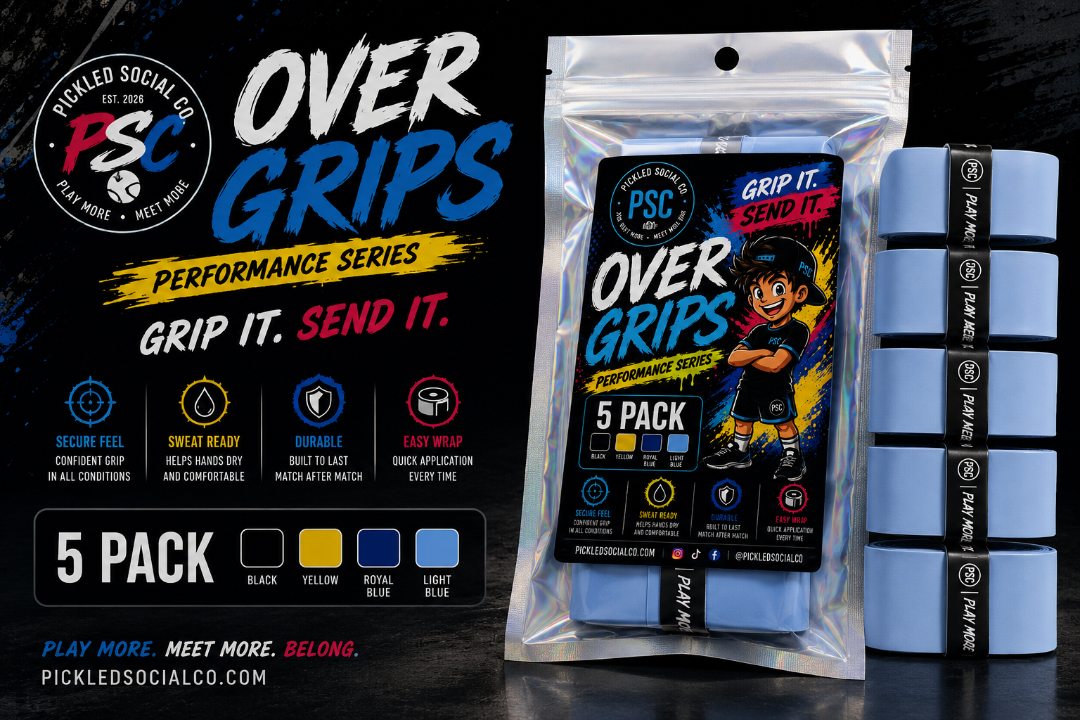 Pickleball Overgrips - Light Blue - 5 Pack
