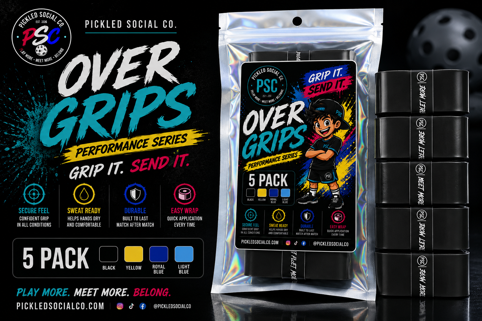 Pickleball Overgrips - Black - 5 Pack